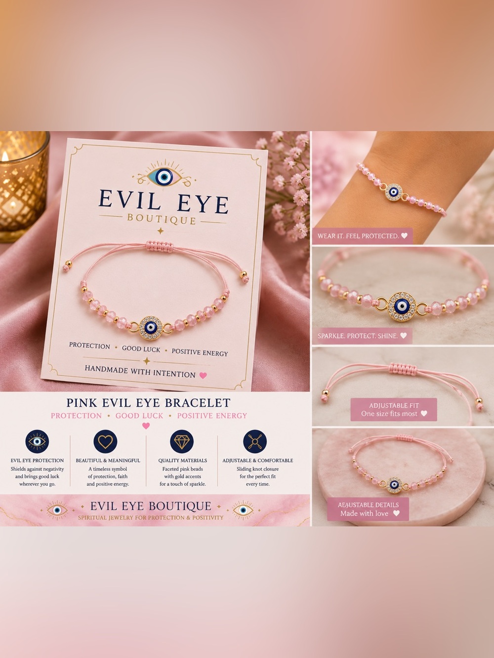 🧿Evil Eye Bracelet - Pink Beaded Protection Bracelet #72🧿